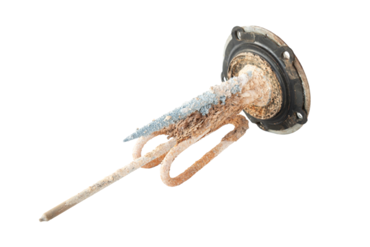 heating element of an electric hot water boiler with scum and sediment, on an isolated background