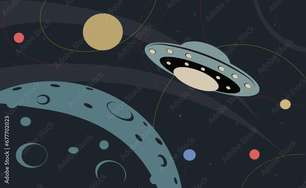 Poster ufo in space concept. spaceship at cosmos at background of starry sky and moon. galaxy and universe.