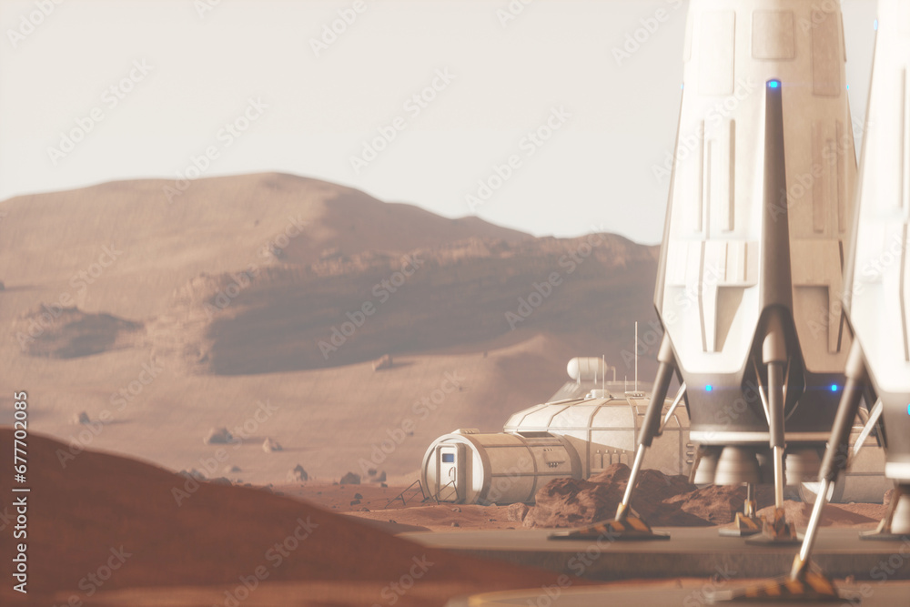 Wall mural space rocket on the surface of mars. colonization of mars, martian surface and base, building a colo