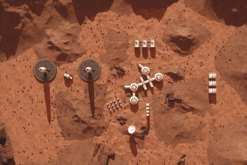 Colonization of Mars, Martian surface and human base, building a colony on Mars, top view. Conquering new horizons in space, thermoforming of Mars. 3D image, 3D illustration. © Aliaksandr Marko