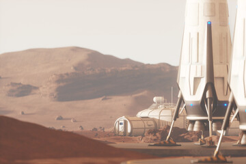Space rocket on the surface of Mars. Colonization of Mars, Martian surface and base, building a colony on Mars. Conquering new horizons in space, thermoforming of Mars. 3D image, 3D illustration © Aliaksandr Marko