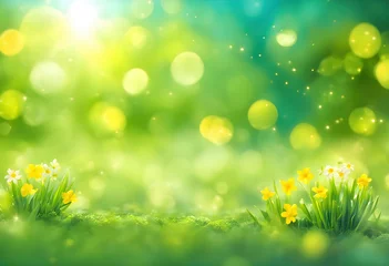 Fotobehang Spring background. Abstract bright spring or summer landscape texture with natural green yellow bokeh lights of the sun. Spring or summer background © Rostislav Bouda