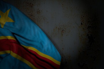 pretty dark photo of Democratic Republic of Congo flag with big folds on rusty metal with empty space for content - any holiday flag 3d illustration..