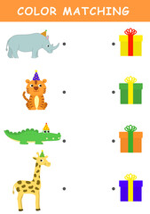 Color matching game for preschool kids. Color Matching Activities for Toddlers. Fun puzzle with cute animals illustration. Color matching worksheet for children.