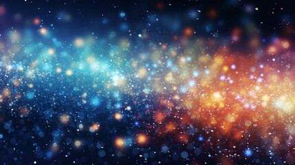 Fototapeta premium Particules scintillantes et brillantes volant sur fond coloré, lumineux. Lumières, paillettes dorées et flou. Fond pour bannière, création graphique.