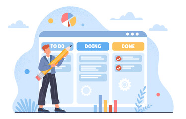 Task completion concept. Man with large pencil near graphs and diagrams. Business process and time management. Organization of effective work process and motivation. Cartoon flat vector illustration