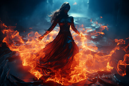 Generative ai creative collage of charming gorgeous lady in fiery gown dance for magical ritual - Powered by Adobe