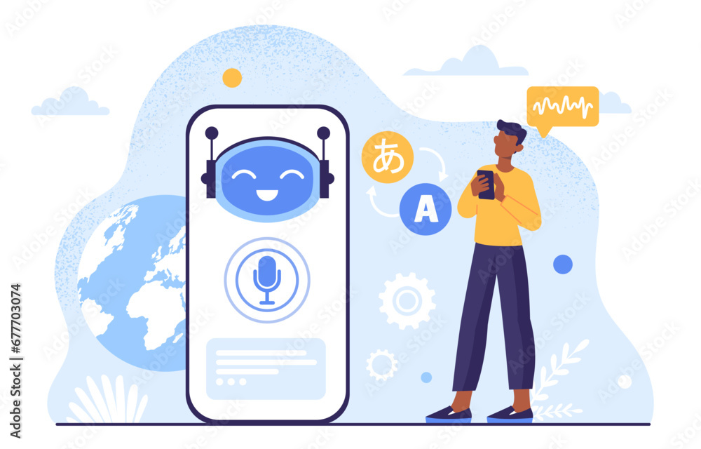 Poster translator bot concept. man with smartphone with artificial intellengence, chatbot. modern technolog