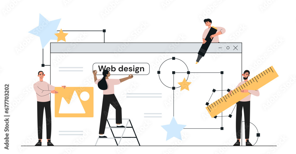 Poster people with ui and ux design concept. men and women develop mobile brogram or application interface.