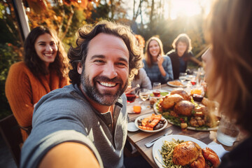 Generative AI portrait of served table thanksgiving dinner family meeting gathering