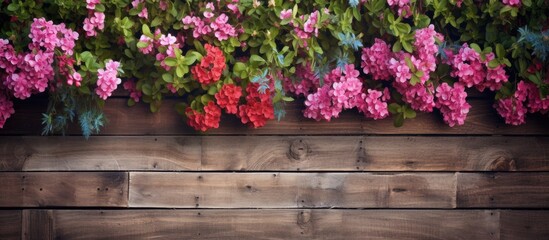 Fototapeta na wymiar The vintage wood wall adorned with beautiful flowers adds to the overall beauty of the garden and highlights the healthy and lush green plants in the background creating a perfect design th