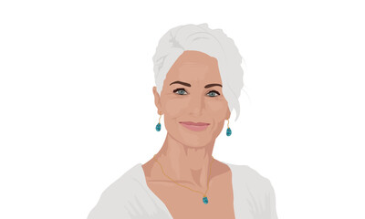 Happy beautiful adult woman with gray hair smiling. Portrait of an elderly woman with jewelry. Vector illustration isolated on the white background