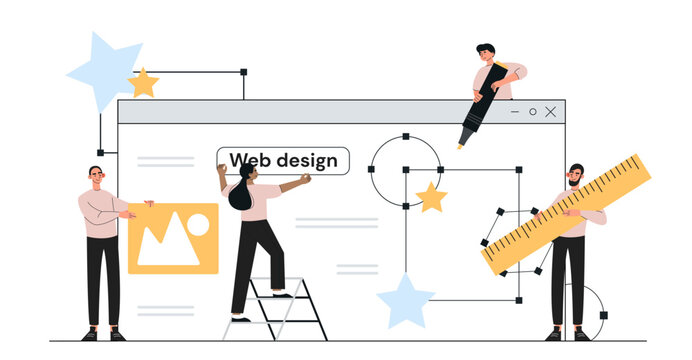 People with UI and UX design concept. Men and women develop mobile brogram or application interface. Programmers and designers. Cartoon flat vector illustration isolated on white background
