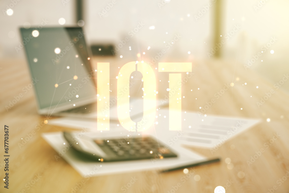 Poster Double exposure of abstract virtual IOT hologram on blurry calculator with laptop background, research and development concept