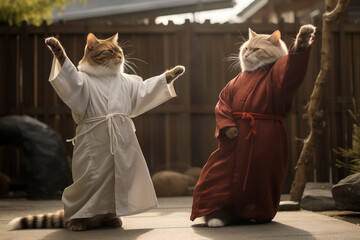 Cats wearing human tunics, playing Tai Chi in a courtyard, standing like people - obrazy, fototapety, plakaty