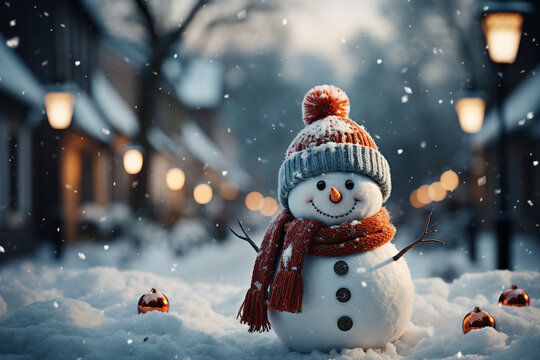 Generative AI creative picture illustration small child playing snow making snowman in yard have fun