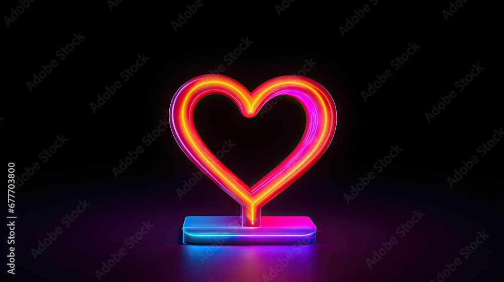 Poster a neon heart shaped object sitting on top of a black table next to a black wall with a red and blue 