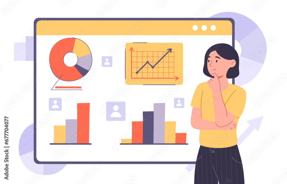 Poster woman with web analytics. young girl look at graphs and diagrams, charts. data visualization and inf