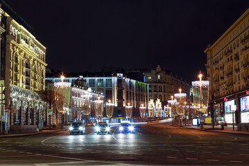 Fototapeta na wymiar Tverskaya Street on New Year's night, Moscow, Russia