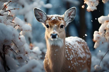 Deurstickers Generative ai collage photo of wild deer in winter woods © deagreez
