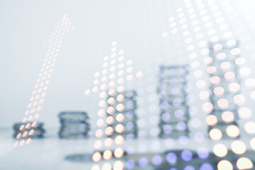 Virtual upward arrows illustration on stacks of coins background. Breakthrough and progress concept. Multiexposure