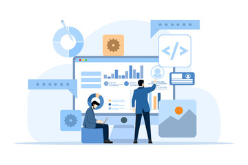 Concept of interface elements and browser window on laptop screen, web design, UI UX, software development, web design, app design, coding, web development flat illustration for landing page. - obrazy, fototapety, plakaty