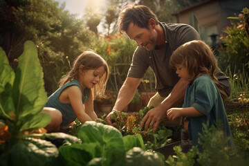 father and children work in the garden