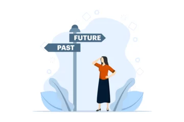 Foto op Canvas Past and future concept, People's choice between past and future, Business alternatives, Future metaphor, Modern flat cartoon style, Vector illustration on a white background. © FAHMI