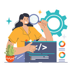 Fototapeta na wymiar Software testing. Code testing and debugging. IT specialist searching for bugs using functional methods. Website and application development. Flat vector illustration