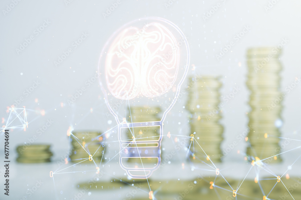 Poster abstract virtual creative light bulb with human brain hologram on growing coins stacks background, a