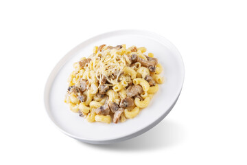 Cheese mushroom cream pasta on a white isolated background