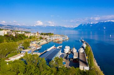 Aerial view of Leman lake -  Lausanne city in Switzerland - 677704602