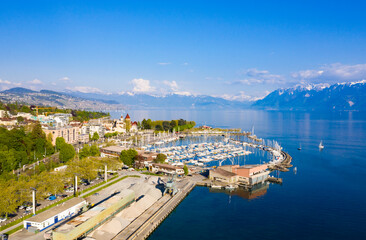 Aerial view of Leman lake -  Lausanne city in Switzerland - 677704604