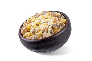 Cheese mushroom cream pasta on a white isolated background