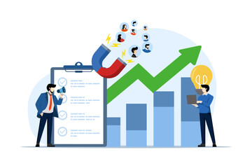 Business strategy and customer attraction concept. success in building an entrepreneurial team. customer attraction campaigns, accurate promos, advertising. sales generation. flat vector illustration.