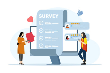 online survey concept, Customer Survey Form Filling Test, customer experience and satisfaction concept for landing page, web banner, mobile app, web design, ux. flat vector illustration.