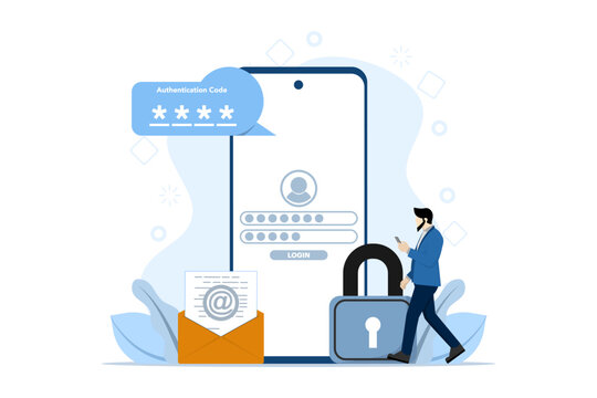 Two step verification concept, OTP, authentication password, one time password for secure website account login, login page on laptop screen. flat vector illustration on white background.