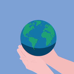 hands next to planet earth on blue background