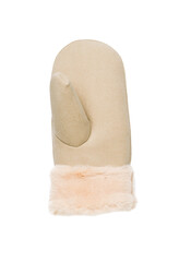 Women's fur mittens with the left hand isolated on a white background.