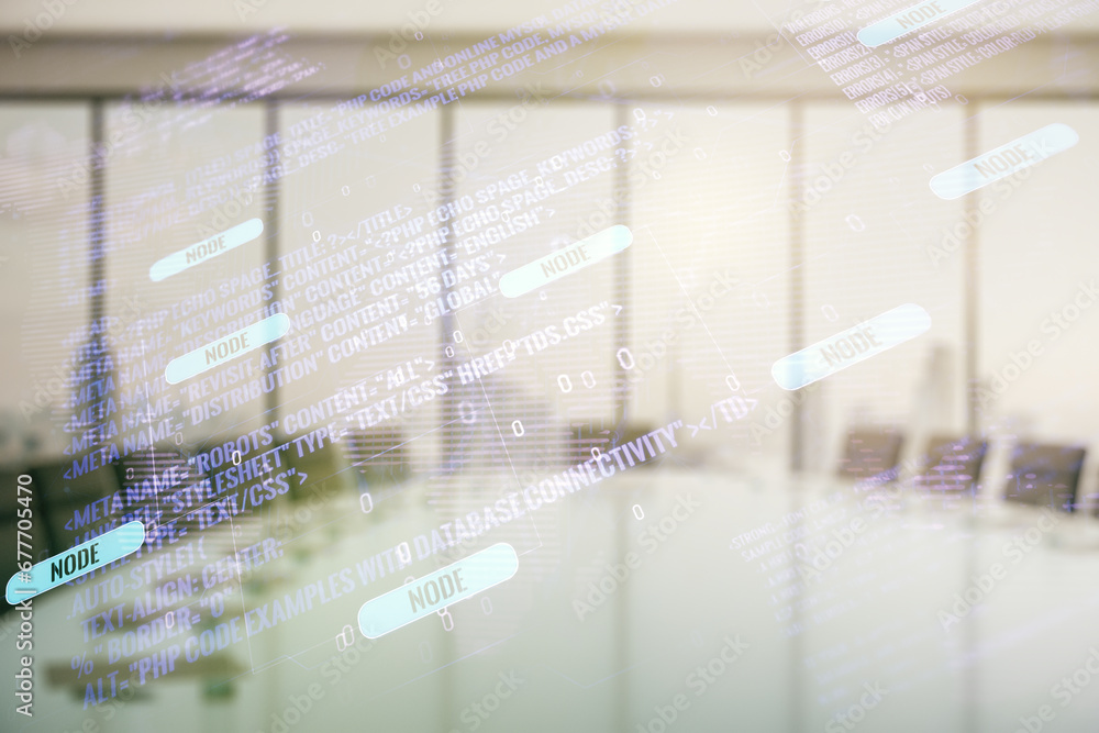 Poster multi exposure of abstract programming language hologram and world map on a modern furnished office 