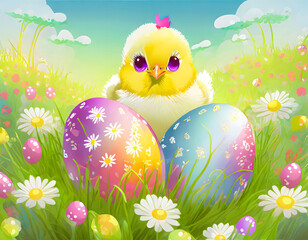 Colorful Easter eggs and a cute chick on a spring meadow, illustration