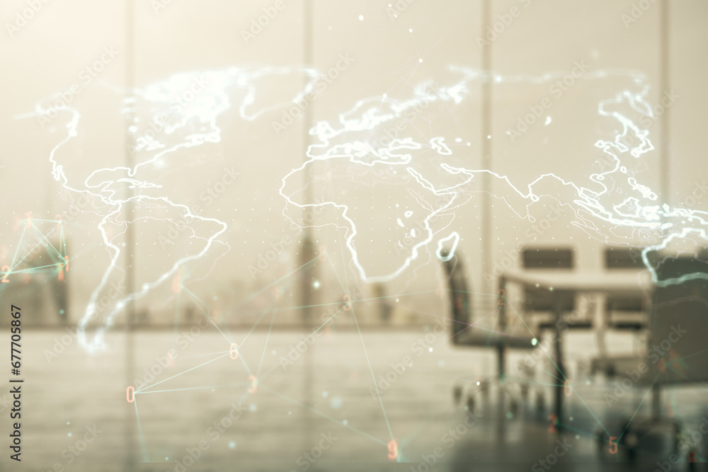 Poster multi exposure of abstract graphic world map on a modern furnished classroom background, big data an
