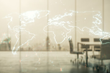 Multi exposure of abstract graphic world map on a modern furnished classroom background, big data and networking concept