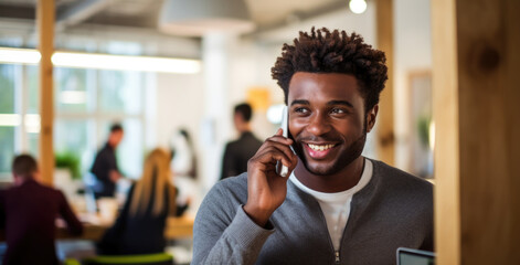 "Social Networking: Busy African American Man Juggling Calls and Connections"