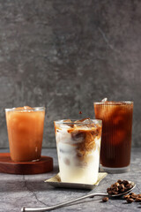Iced Americano, Iced Latte, and Ice Thai Tea in Rustic Grey Table