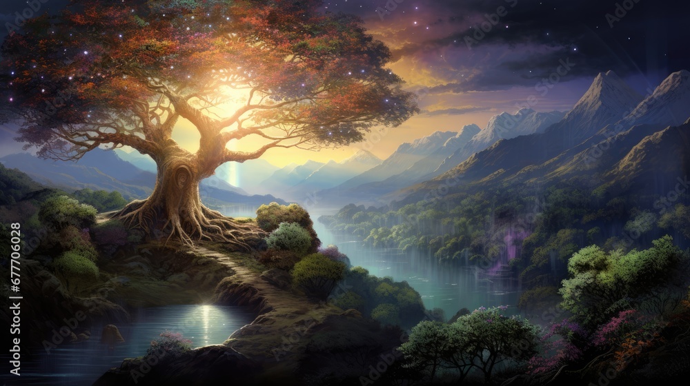 Aufkleber a painting of a tree in the middle of a mountain with a river in the foreground and stars in the sky