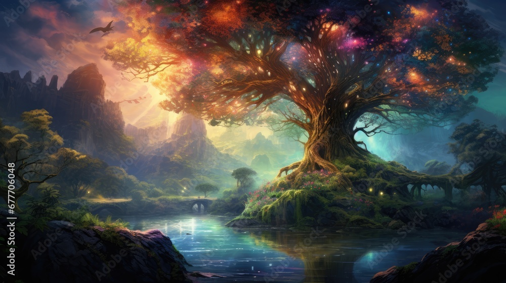 Poster a painting of a tree in the middle of a forest with a river in the foreground and a bird flying in t