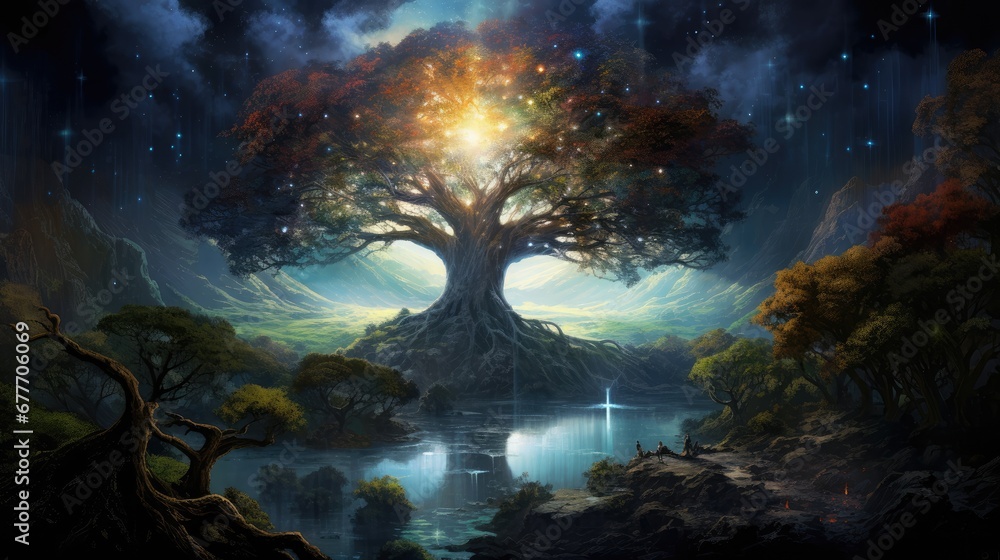 Poster a painting of a tree in the middle of a body of water with a bright light coming from the center of 