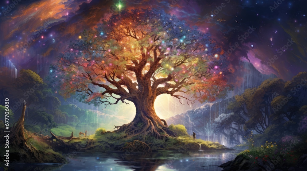 Poster a painting of a tree in the middle of a forest with a lake in the foreground and a star filled sky i