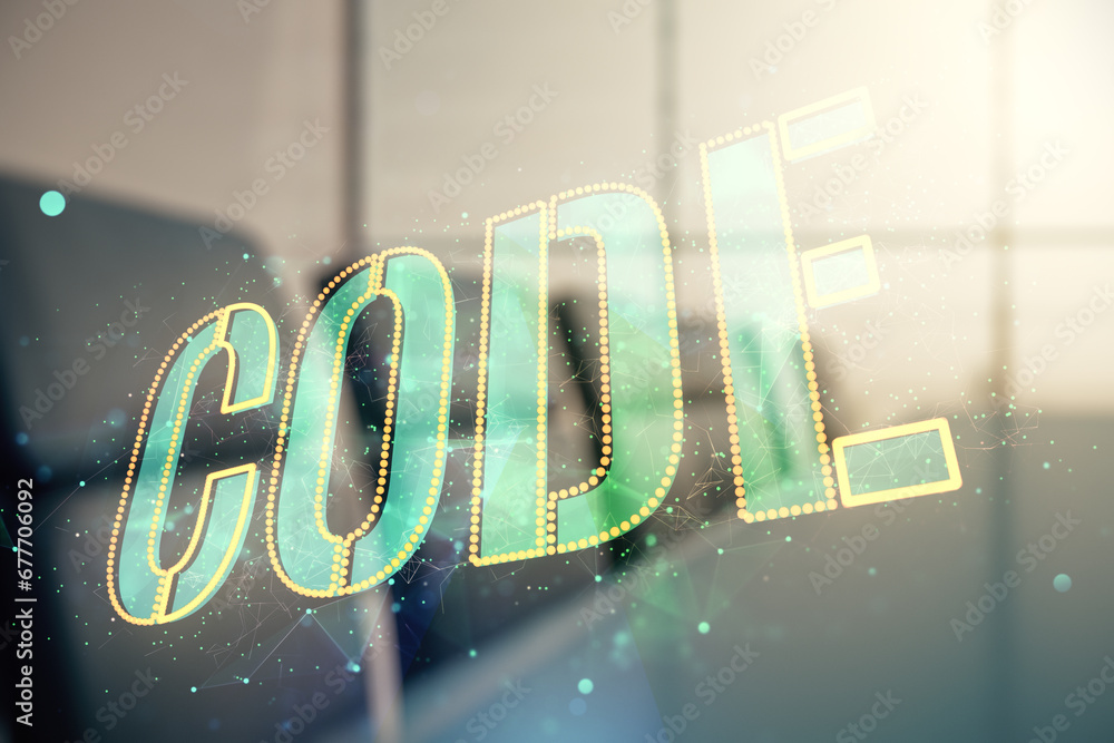 Poster Code word hologram on a modern meeting room background, artificial intelligence and neural networks concept. Multiexposure